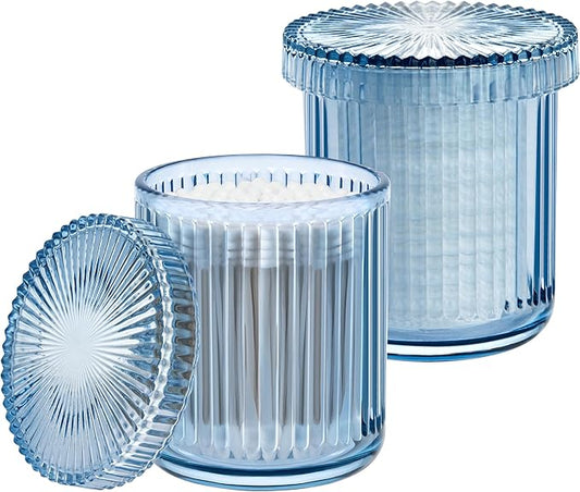 2 Pack Qtip Holders for Bathroom, Clear Glass Apothecary Jars with Lids,Vintage Bathroom Canisters for Cotton Balls,Swabs,Floss Picks,Hair Ties,Vanity Organizer and Storage Decor (Blue)