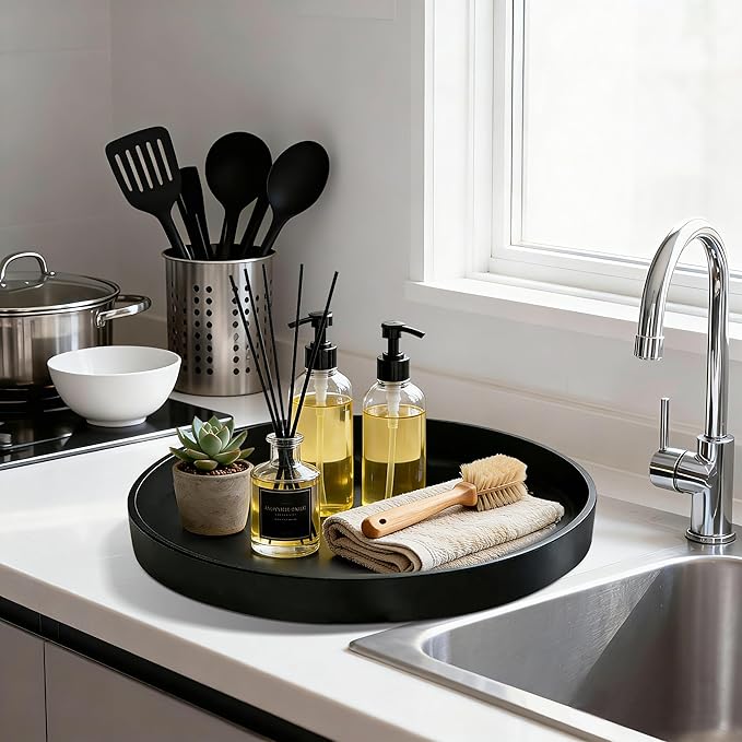 2 Pack 13.5" Bathroom and Vanity Tray, ABS Bathroom Counter Organizer， Coffee Table Decor for Perfume, Candles, Keys &More. Kitchen Countertop Organizer, Decorative Tray Soap Holder, Black