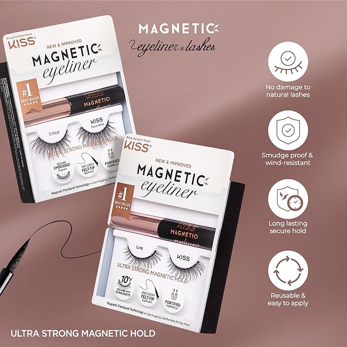 KISS Magnetic False Eyelashes and Eyeliner, ‘Tempt’, 14mm, Easy to Apply, Reusable, No Glue, Flexiband Technology, Precision Felt Tip, Fortified Formula, 1 Pair Strip Lashes