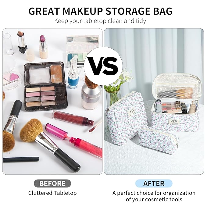 senbowe Floral Makeup Bag, 3 Pack Large Cotton Quilted Makeup Bag Set, Cute Floral Coquette Aesthetic Toiletry Bag Make Up Cosmetic Bag for Women, Toiletry Travel Make Up Organizer Bag