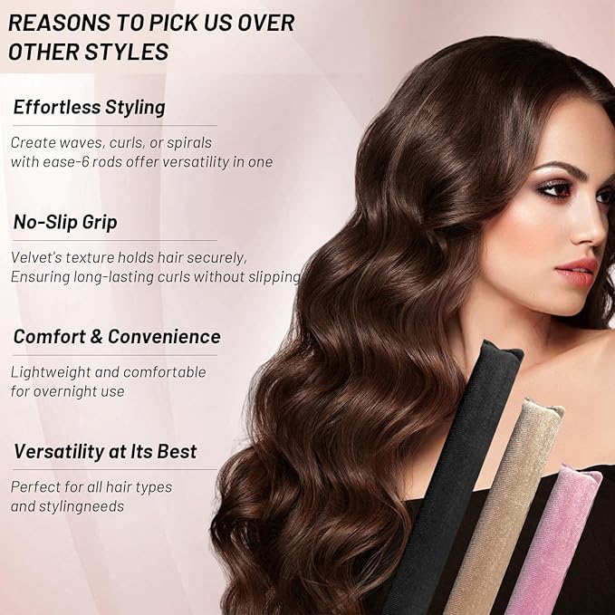 Heatless Hair Curler Overnight Curls, Heatless Curlers for Women, Soft Velvet Satin Flexi Rods Sleep for All Hair Types, No Heat Overnight Sleeping Curler Styling Tools (6 Pcs Mixed Color, 10 IN)