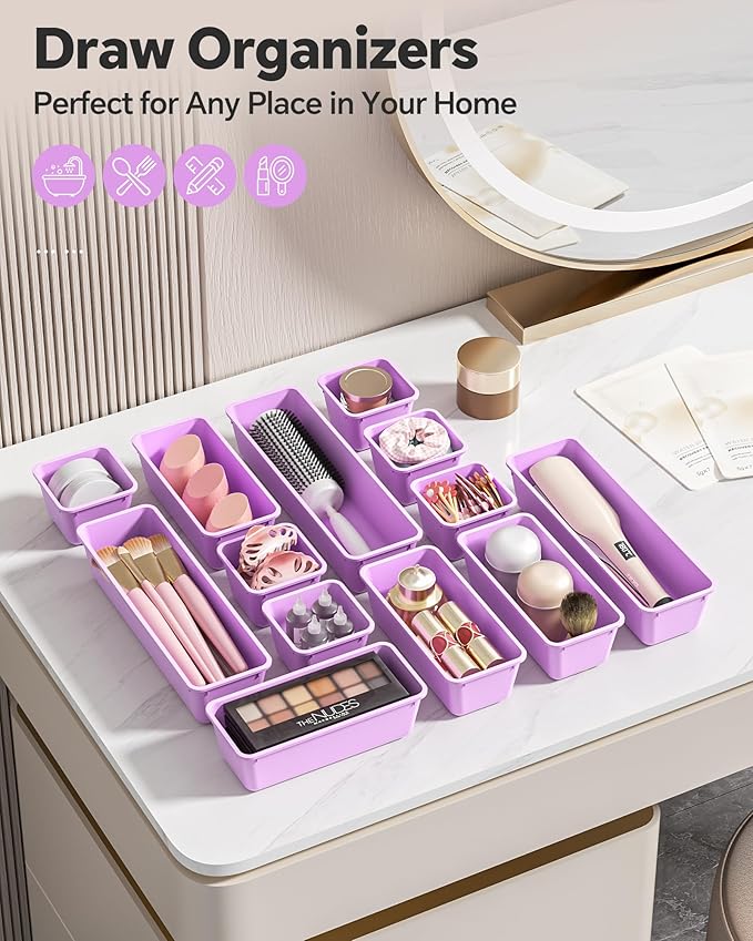 13 Pack Plastic Drawer Organizers Set, 3 Sizes Desk Drawer Organizer Trays for Vanity and Makeup Organizer, Organization and Storage for Makeup, Kitchen Utensils, Bathroom and Office(Purple)