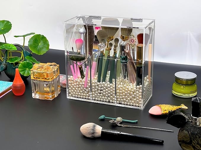 Acrylic Makeup Organizer,Clear Cosmetic Brush Storage Box With 3 Brush Holders,with Dust Cover, Large-capacity Split Design can Quickly Organize the Desktop (with3 bags of white pearls