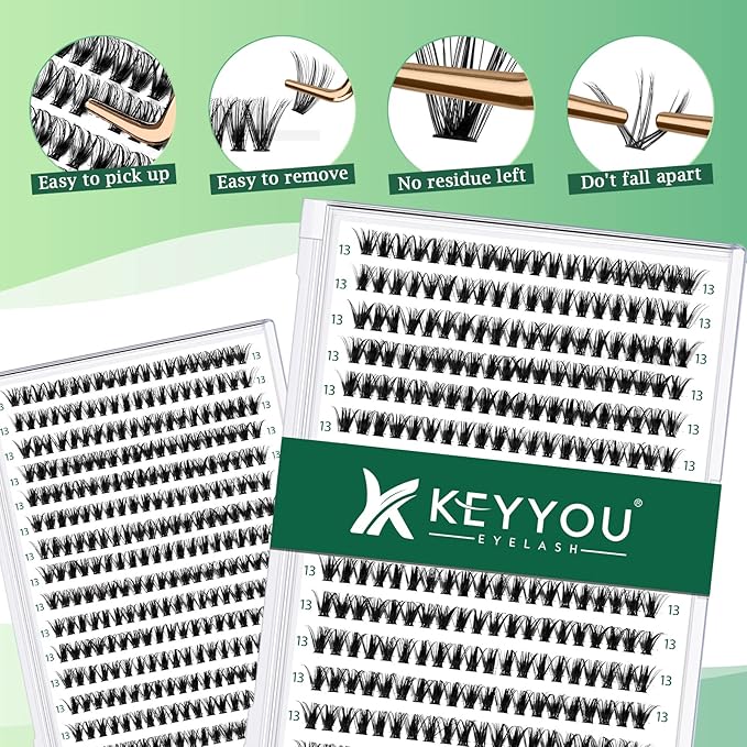 KEYYOU Lash Clusters 300pcs Individual Lashes 40D 0.07D Curl 13mm DIY Eyelash Extension Large Tray Volume Soft&Natural Cluster Lashes(40D-0.07D,13）