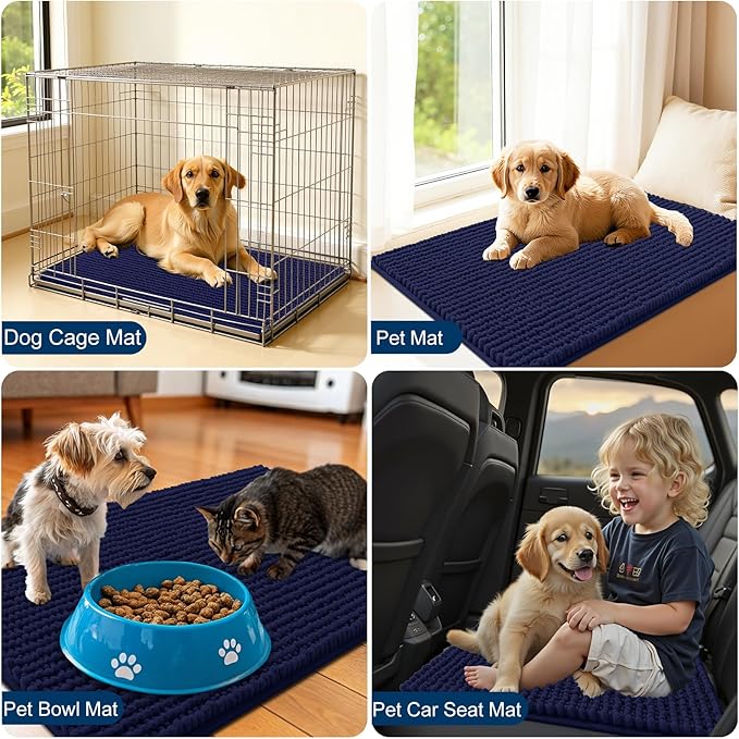 OLANLY Dog Door Mat for Muddy Paws 47x20, Ultra Absorbent Chenille Mud Doormat, Non-Slip Washable and Dirt Trapping Doormat for Indoor Entryway, Quick-Dry Indoor Pet Bed Mats for Dogs, Navy Blue