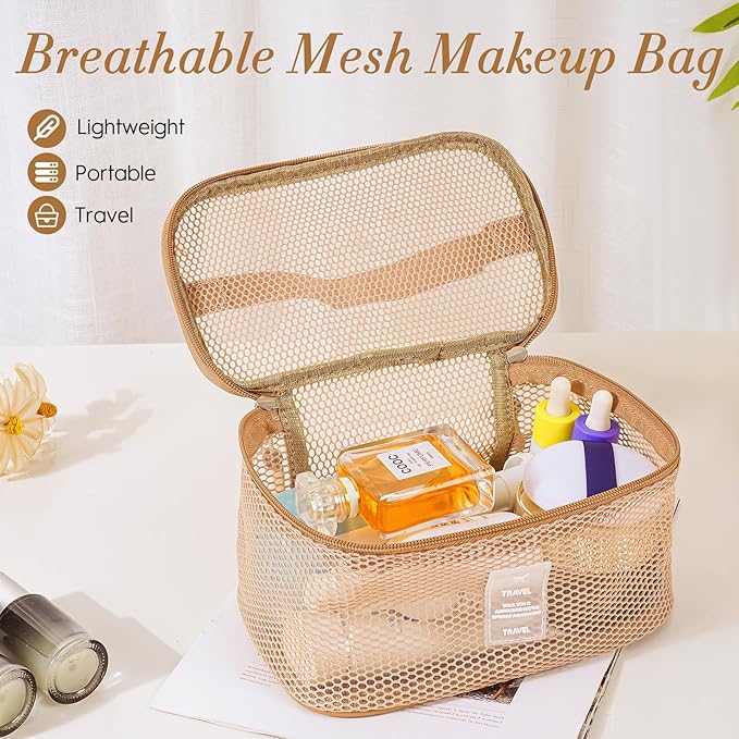 Boho Mesh Makeup Bag, Breathable Cosmetic Bags with Zipper, Travel Lightweight Make Up Organizer Mesh, Toiletry Bag with Handle for Women Girls Gift
