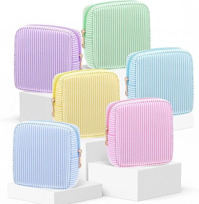 Sanwuta 6 Pcs Seersucker Cosmetic Bag Bulk Pinstripe Makeup Bag for Women Aesthetic Cute Travel Toiletry Organizer Preppy Storage Pouch for Wedding Bridesmaid Christmas Gift(Small,Pastel Color)
