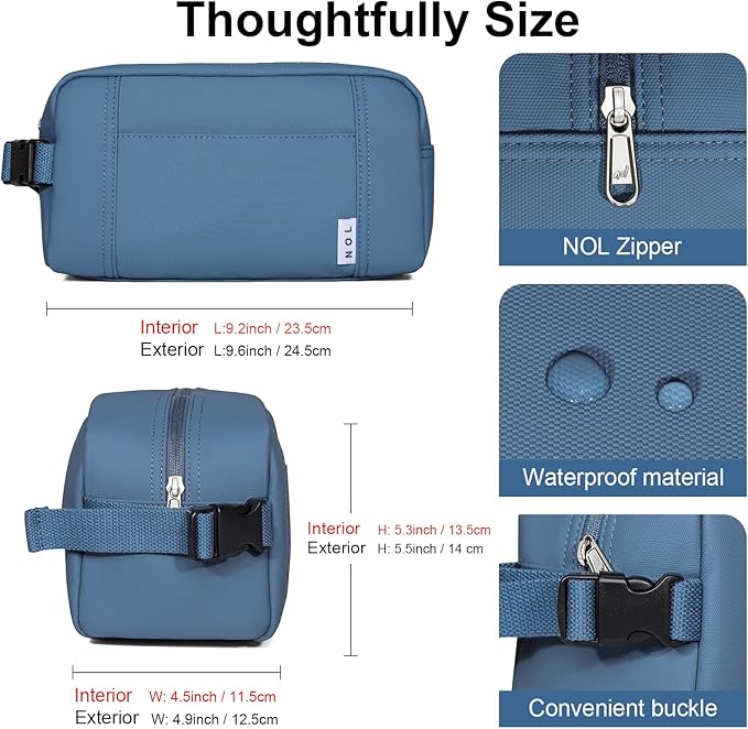NOL Natural Organic Lifestyle Nylon Waterproof Makeup Bag Lightweight Travel Toiletry Bag for Adults, Reusable, Zip Closure with Buckle Handle, Snack Bag, Travel Cosmetic Bag, Dusty blue