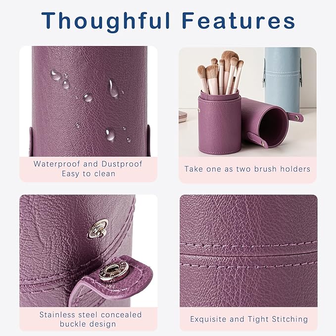 Portable Makeup Brush Holder, Waterproof PU Leather Travel Makeup Brush Case Bag Cup, Brush Storage Dustproof Bag (07Purple)