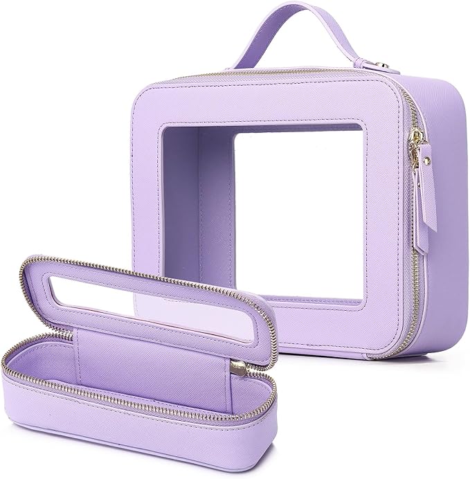 Clear Travel Makeup Bag with Brush Bag Portable Transparent Cosmetic Bag and Toiletry Bag Waterproof Clear Makeup Bag with Zipper Car Bag for Women (Purple, L+Slim)