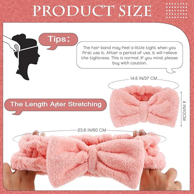 Yunlly 20 Pcs Spa Headband for Women 4 Inches Width Facial Makeup Hair Band Bulk Skincare Headbands for Washing Face Bowtie Slumber Party Supplies Fluffy Head Wraps(Pink)
