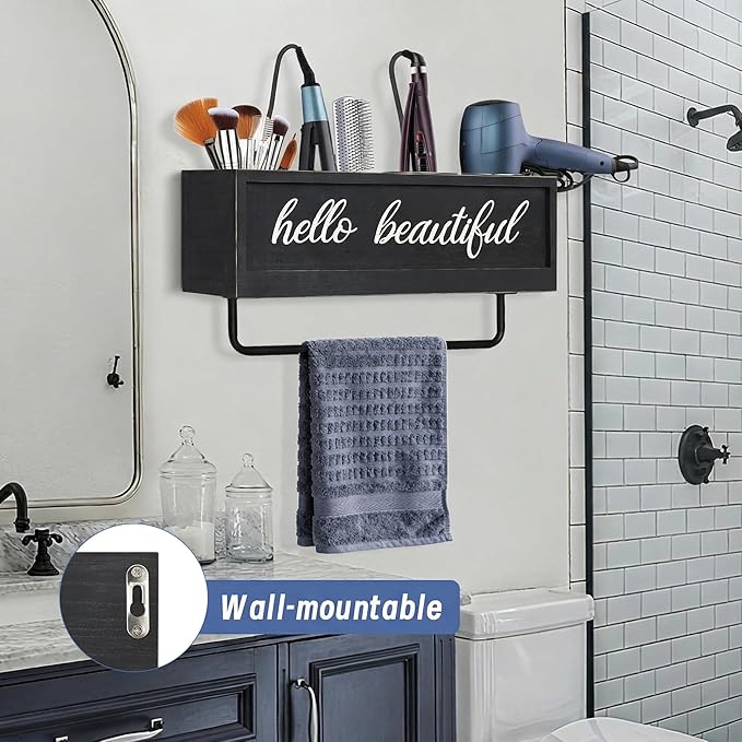 Hair Dryer Holder Wall Mounted, Hair Tools and Styling Organizer with Towel Bar, Farmhouse Beauty Hair Appliance Holder for Flat Iron, Curling Wand, Towel Rack (Black)