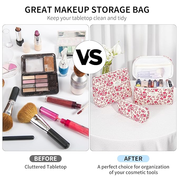 senbowe Floral Makeup Bag, 3 Pack Large Cotton Quilted Makeup Bag Set, Cute Floral Coquette Aesthetic Toiletry Bag Make Up Cosmetic Bag for Women, Toiletry Travel Make Up Organizer Bag