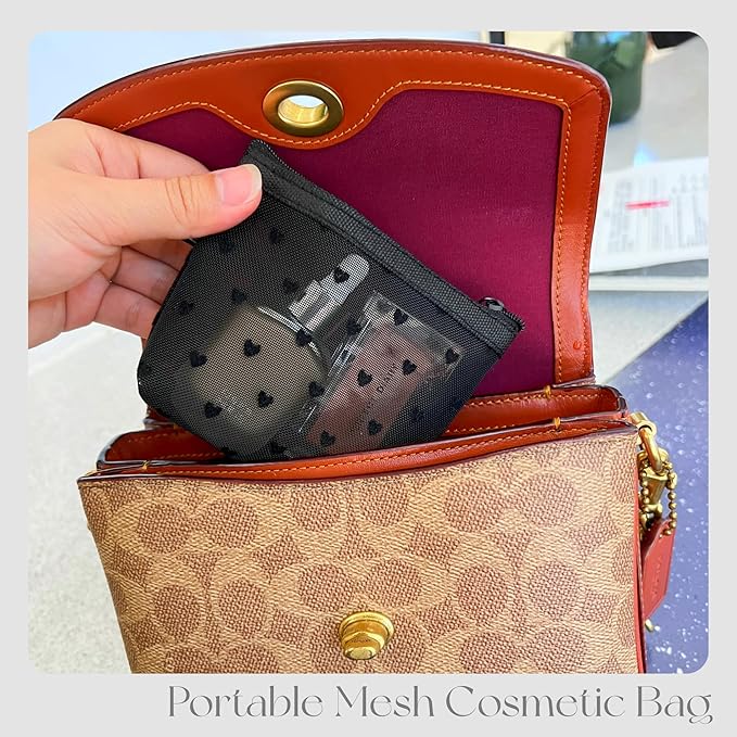 Mini Heart Makeup Bag Set, Zipper Mesh Cosmetic Bags for Women, Lipstick Cosmetic Organizer Bag, Travel Pouch (Black-6pcs)