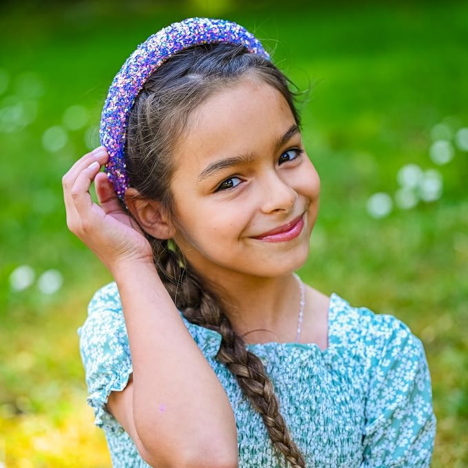 FROG SAC Sequin Headband for Girls, Sparkly Puffy Hair Band for Kids, Padded Toddler Head Bands, Sparkle Girl Hair Accessories (Purple, Child)
