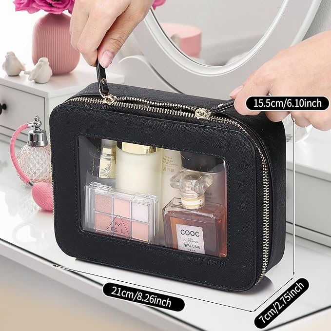 Clear Travel Makeup Bag with Brush Case Portable Transparent Cosmetic Bag and Toiletry Bag Waterproof Makeup Organizer with Zipper Car Essential for Women (Black, M+Slim)