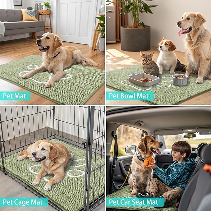 Smiry Dog Door Mat for Muddy Paws, Absorbent Dirt Trapper Non Slip Quick Dry Washable Chenille Mat for Mud Dogs, Entry Rug for Indoor and Outdoor (47x24 Inches, Sage Green and White)