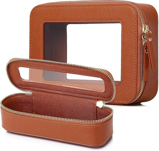 Clear Travel Makeup Bag with Brush Case Portable Transparent Cosmetic Bag and Toiletry Bag Waterproof Makeup Organizer with Zipper Car Essential for Women (Brown, M+Slim)