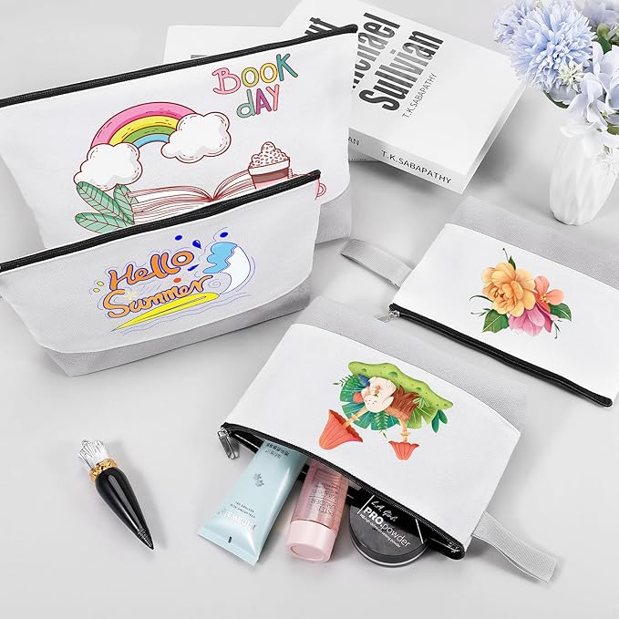 10 Pieces Cotton Canvas Makeup Bag with Bottom and Strap, Multi-Purpose Cosmetic Bag with Zipper Travel Toiletry Pouch, Blank DIY Craft Bag (White&Grey, S)