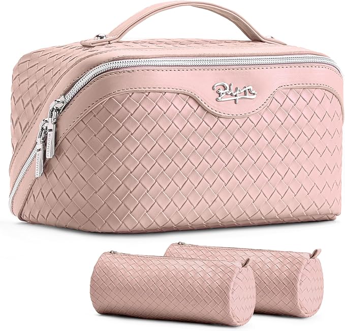 BOYATU Travel Makeup Bag Cosmetic Bags for Women: Large Capacity 3 Pcs Set Make up Bag with Compartments - Waterproof Vegan Leather Toiletry Organizer Bags with Handle (L02 Light Pink)