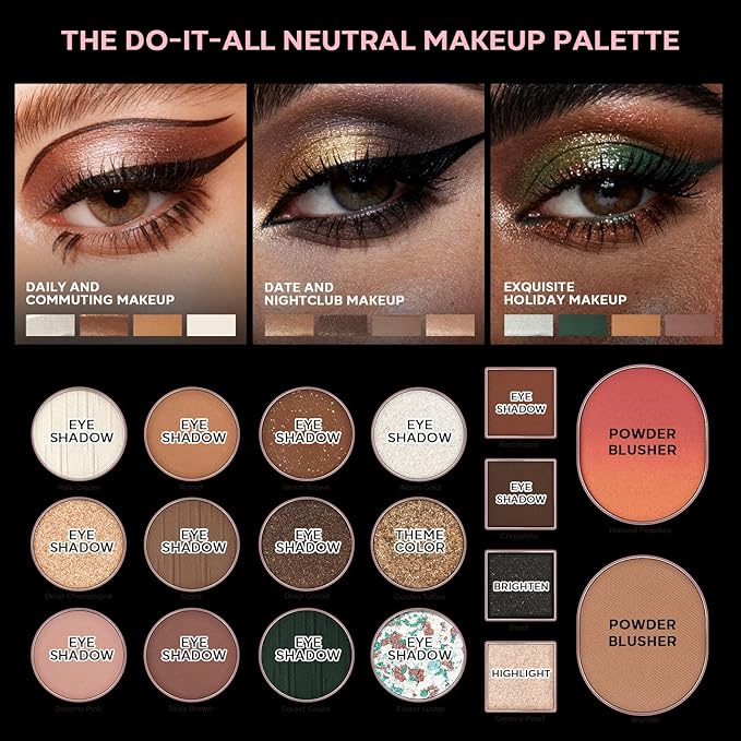 18 Color Eyeshadow Palette, Natural Nude Matte Shimmer Glitter, Long Lasting Baked Makeup Palette for Eye Highlight Blush, Earth Tones