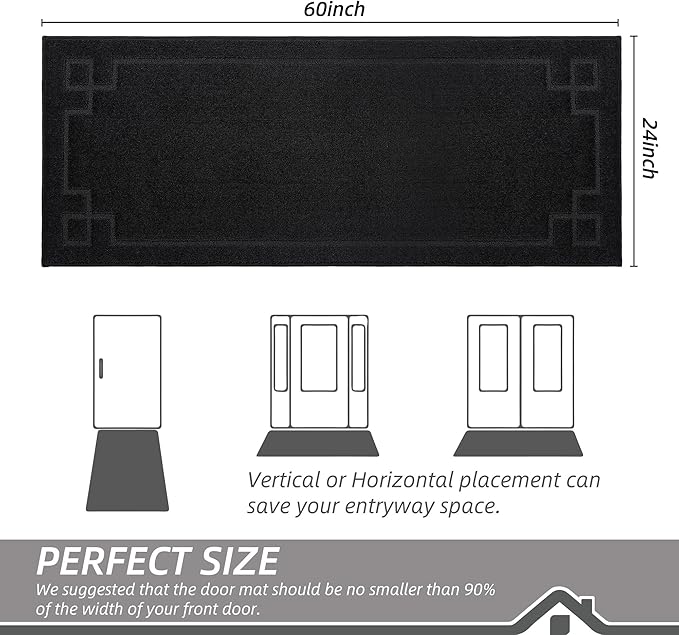 BEQHAUSE Door Mat 24" x 60", Non-Slip Door Mats Indoor Entryway Rugs Washable Low-Profile Absorbent and Stain Resist Floor Mats, Dog Door Mat for Front Back Door, Mud Wet Shoes & Paws, Black