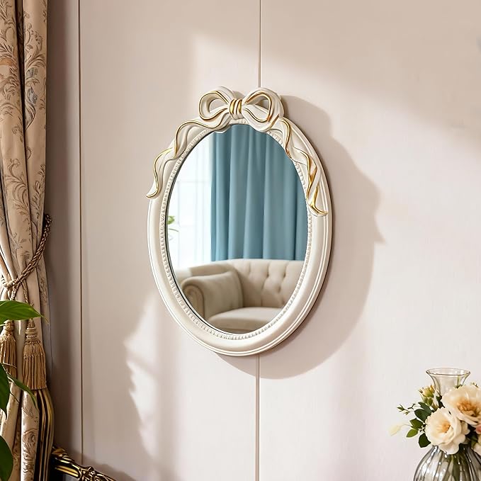 Vintage Vanity Desk Mirror -13x10Inch Wall-Mounted & Tabletop Decorative Ornate Gold Accent Retro Makeup Mirror for Bedroom Dresser Bathroom Living Room Oval