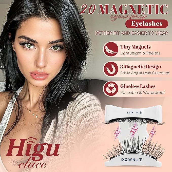 Higu clace Magnetic-Eyelashes 2 Pairs Magnetic Eyelashes with Applicator Soft Eyelashes Magnetic Lashes Natural Look Wispy pestañas magnéticas Without Eyeliner Easy to Wear and Remove(A+C03)