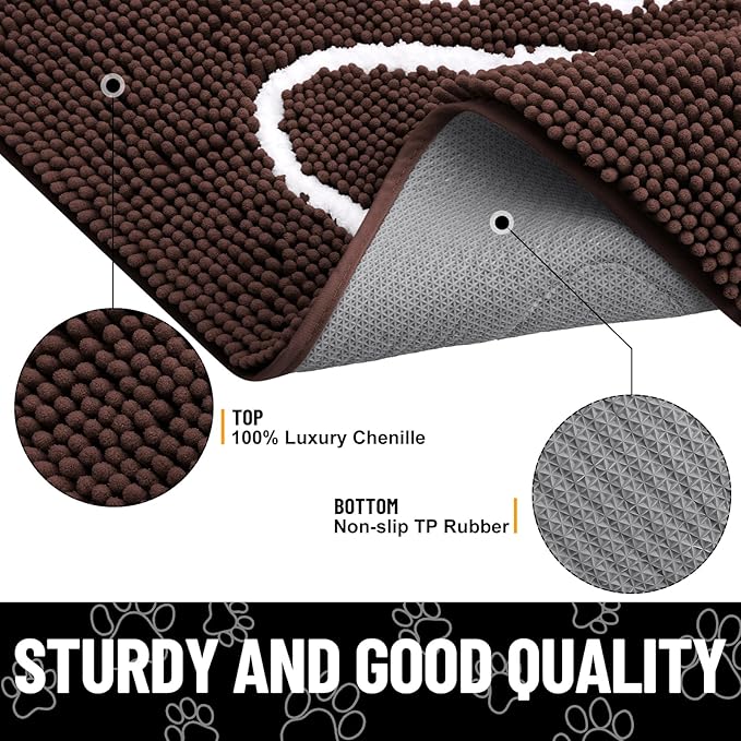 Smiry Dog Door Mat for Muddy Paws, Absorbent Dirt Trapper Non Slip Quick Dry Washable Chenille Mat for Mud Dogs, Entry Rug for Indoor and Outdoor (24x16 Inches, Brown and White)