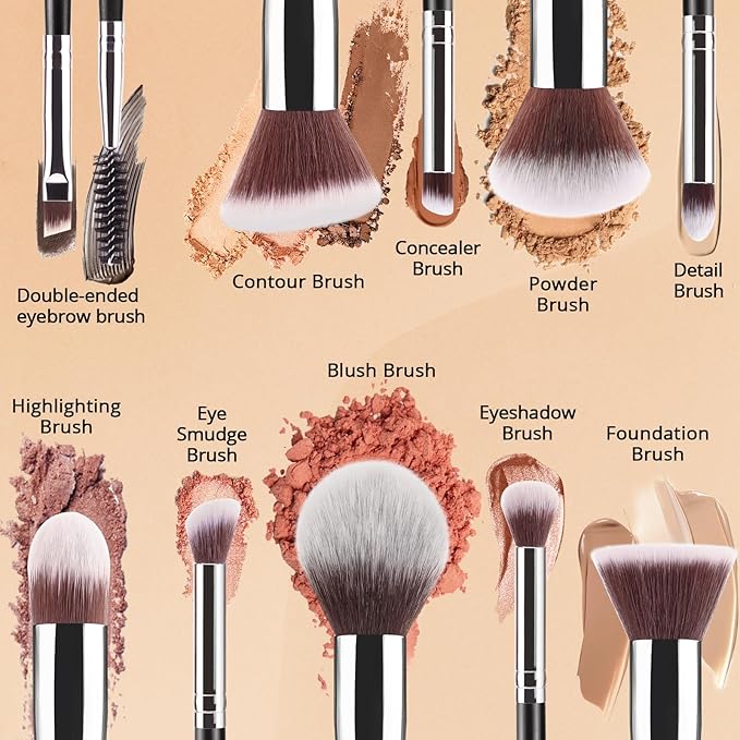 BEAKEY Makeup Brushes Sets, Brush Sets with Makeup Sponges (10+2pcs, with Black Case)