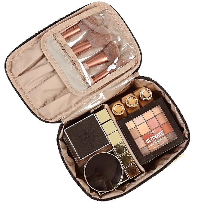 NISHEL Travel Makeup Bag Women, Cosmetic Organizer Case, Portable Essentials Case for Travel-Size Accessories Bottles, Brushes, and Skin Care Products, Black