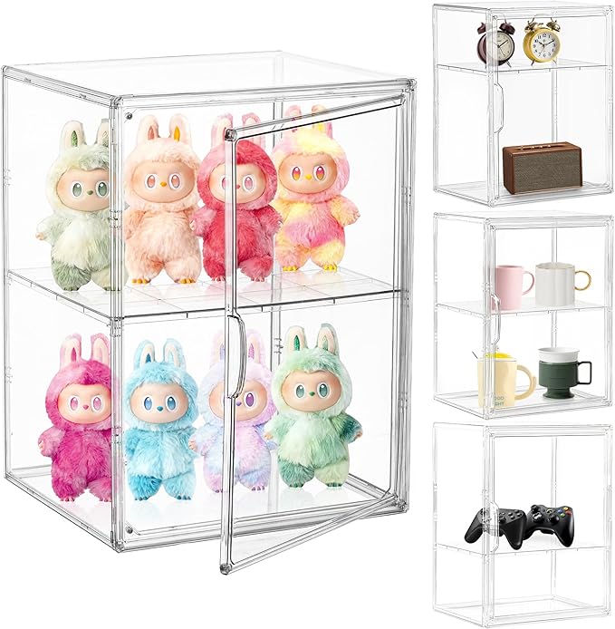 Attelite Acrylic Display Case Compatible with POP MART Labubu Display Case 4 Pack Clear Display Box with Magnetic Door for Figures Collectibles, 3 Adjustable Layers with a Removable Divider,X Large
