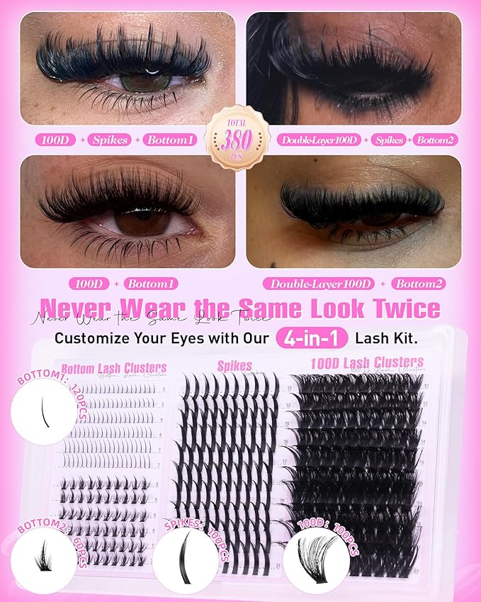 Lash Clusters Kit with Spikes Wispy Lash Extension Kit with Bottom Lashes 100D Eyelash Clusters 380PCS Volume Eyelash Extension Kit Spiky Lashes Clusters Kit with 2-IN-1 Lash Glue, Tweezers
