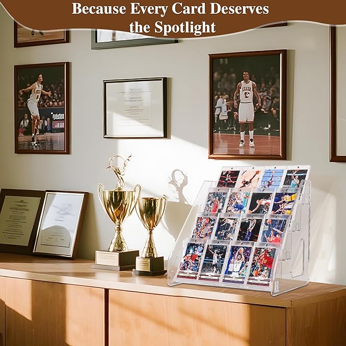 CELSOL 2 Pack Elevated 4 Tier Clear Acrylic Card Display Stand for Trading Cards, Sports Cards, Greeting Cards, Stickers – Slanted Holder for PSA Slabs, Vendors, Collectors & Retail (4 Tier 2 Pack)