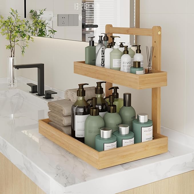 Bamboo Under Sink Organizer and Storage, 2 Tier Pull Out Cabinet Organizer, Slide Out Under Sink Storage Shelf, Undersink Organizers Shelves for Kitchen Bathroom Organization