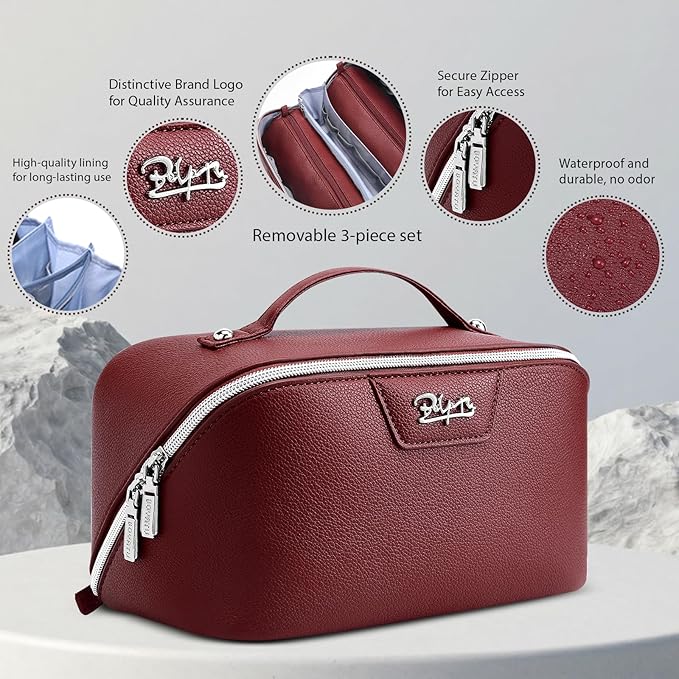 BOYATU Travel Makeup Bag Cosmetic Bags for Women: Large Capacity 3 Pcs Set Make up Bag with Compartments - Waterproof Vegan Leather Toiletry Organizer Bags with Handle (N-70Red)