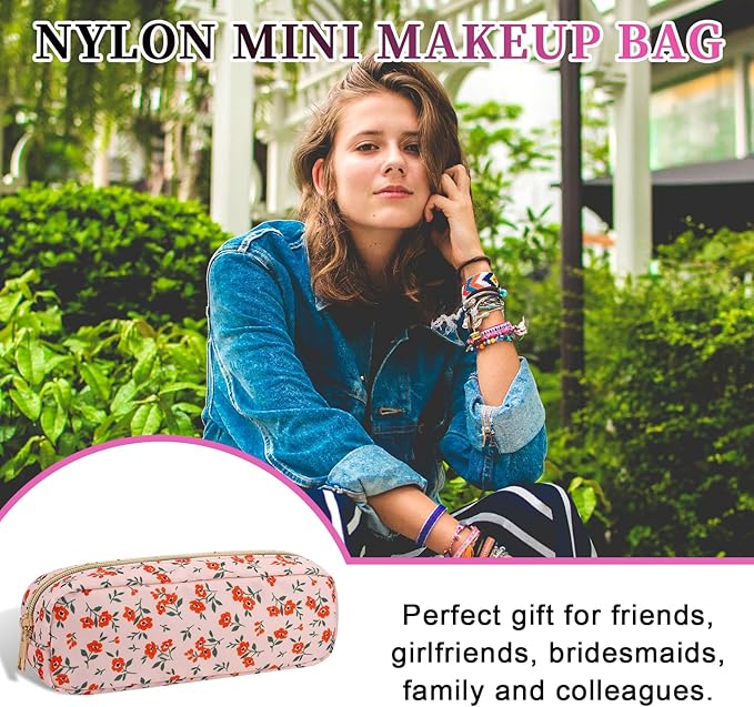 Nylon Small Makeup Bag Slim Pouch, Cute Floral Preppy Makeup Brush Bag Portable Make up Pouch with Zipper, Waterproof Travel Toiletry Bag Coin Purse Storage Organizer for Women Girls(Orange Flower)