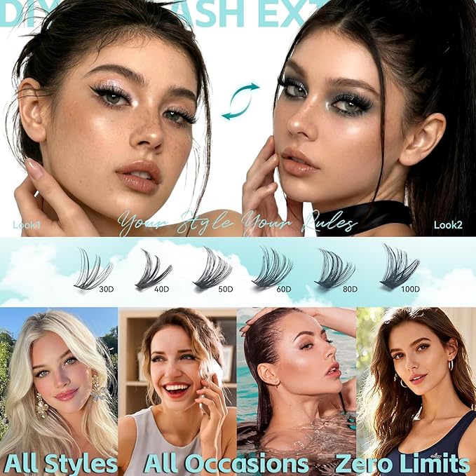 Wispy Lash Clusters Kit, D Curl Lashes Clusters Natural Look 9-16mm Individual Super Thin Band DIY Cluster Eyelash Extensions Kit with Bond Seal Tweezers Brush Remover (30D–100D Mix)