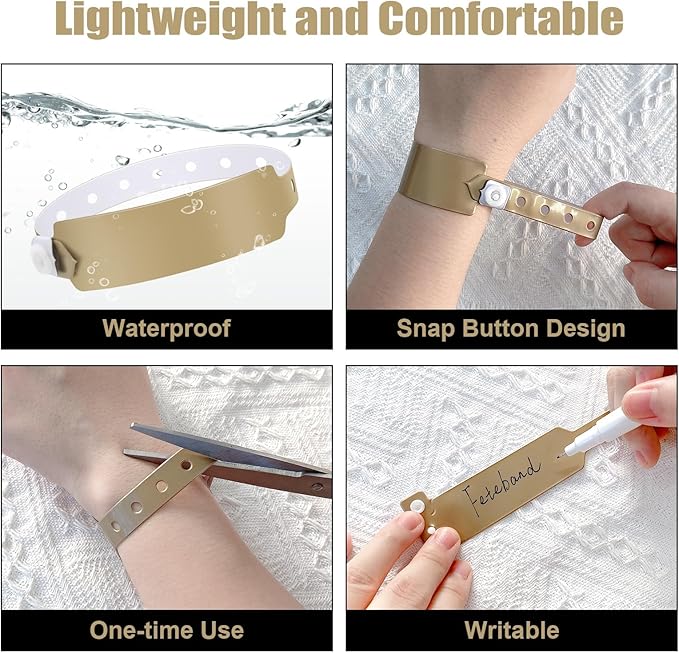 100pcs Colored Vinyl Wristbands, Waterproof & Security Wrist Bands for Events, Pool Parties & Outdoor Sports (Gold)