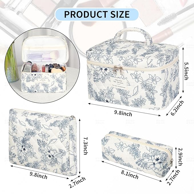 senbowe Floral Makeup Bag, 3 Pack Large Cotton Quilted Makeup Bag Set, Cute Floral Coquette Aesthetic Toiletry Bag Make Up Cosmetic Bag for Women, Toiletry Travel Make Up Organizer Bag