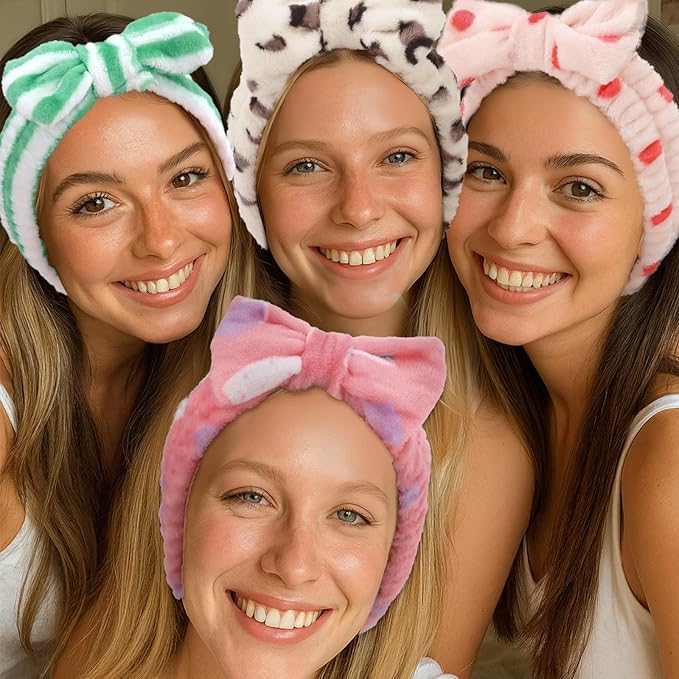 10 Pack Plush Bow Skincare Headbands - Assorted Colorful Polka Dot & Patterned Spa Headbands for Women & Girls, Pajama Parties, Birthday Gifts, Back to School, and Daily Skincare