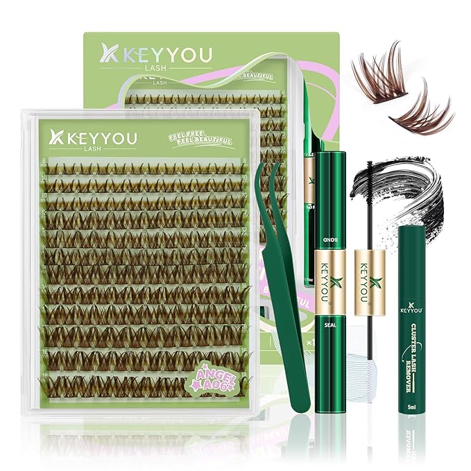 KEYYOU Angel Lash Extension Kit 144Pcs Lash Clusters Kit 8-18MIX Thick Eyelash Extension Kit with Glue and Seal,Tweezers,Remover for DIY lash extension kit at Home（Kit-Angel A06）