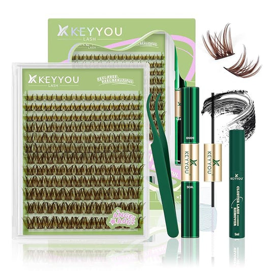 KEYYOU Angel Lash Extension Kit 144Pcs Lash Clusters Kit 8-18MIX Thick Eyelash Extension Kit with Glue and Seal,Tweezers,Remover for DIY lash extension kit at Home（Kit-Angel A06）