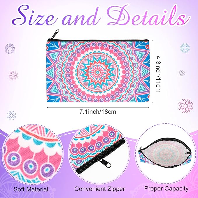 Reginary 20 Pieces Cosmetic Bag for Women, Roomy Makeup Bags with Zipper Toiletry Bag Pouch Travel Accessory Organizer Gifts, 7 x 4.3 Inches(Mandala)