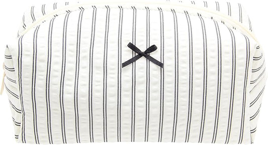 PAZIMIIK Cozy Makeup Bag Small Aesthetic Travel Zipper Cosmetic Pouch for Women Make Up Beauty Accessories Brushes, Stripe Black