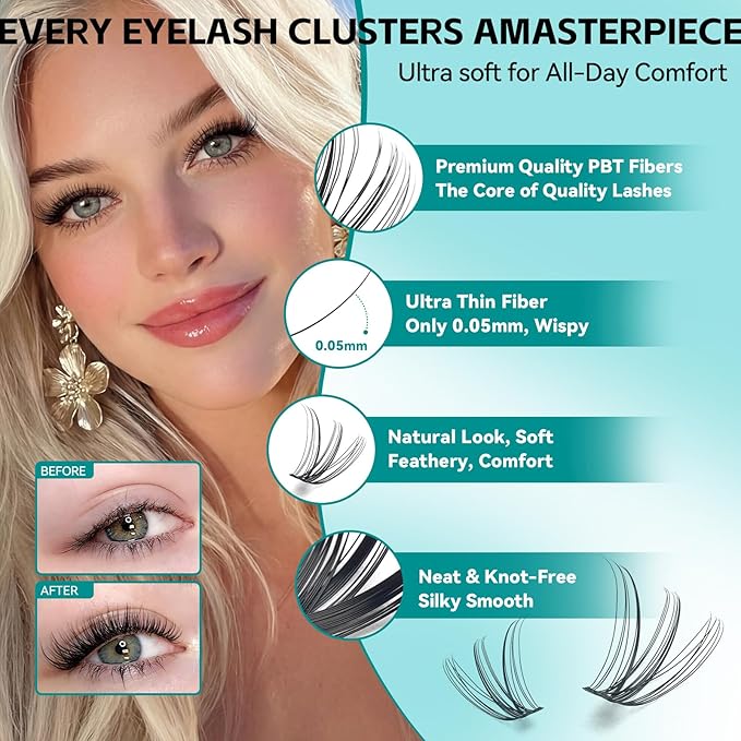 Wispy Lash Clusters Kit, D Curl Lashes Clusters Natural Look 9-16mm Individual Super Thin Band DIY Cluster Eyelash Extensions Kit with Bond Seal Tweezers Brush Remover (30D 40D 50D Mix)