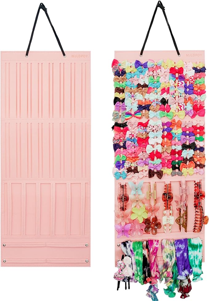 MJLDPOY Hair Bow Organizer for Girls, Baby Hair Clips Holder Wall Hanging, Large Felt Bow Storage Display for Girls Hair Bows & Claw Clips, Ribbons, Headbands – Nursery Room Decor (Pink)