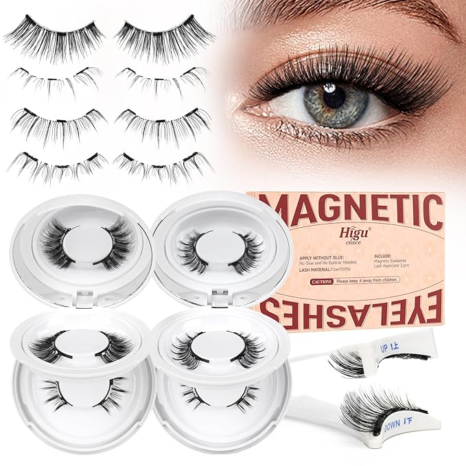 Higu clace Magnetic Eyelashes 4Pairs Magnetic Eyelashes with Applicator Soft Magnetic Lashes Natural Look Wispy Magnet Lashes Without Eyeliner Easy to Wear and Remove(DJCX-B06）
