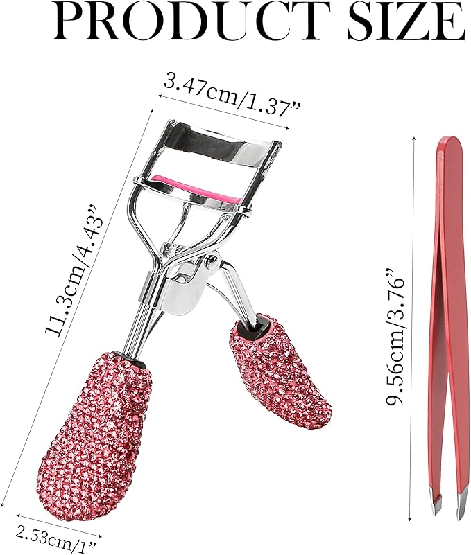Pink Eyelash Curlers with Slant Tip Tweezer Pink Bling Crystal Rhinestone Eyelashes Curls for Dramatic Long Lasting Seamless Brilliant Eyes, Best Bedazzled Makeup Stuff Things For Mascara Asian Beauty