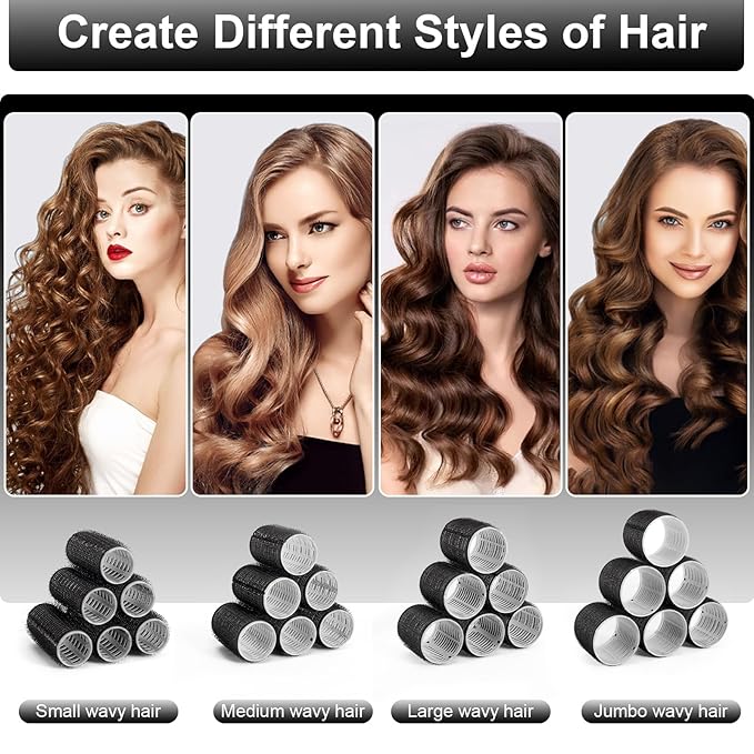 4 Sizes Hair Rollers Set with Clips - 50 Pcs Hair Curlers Rollers for Women, Self Grip Holding Hair Roller for Hair Long Medium Short Bangs Thick Fine Volume Thin, Black